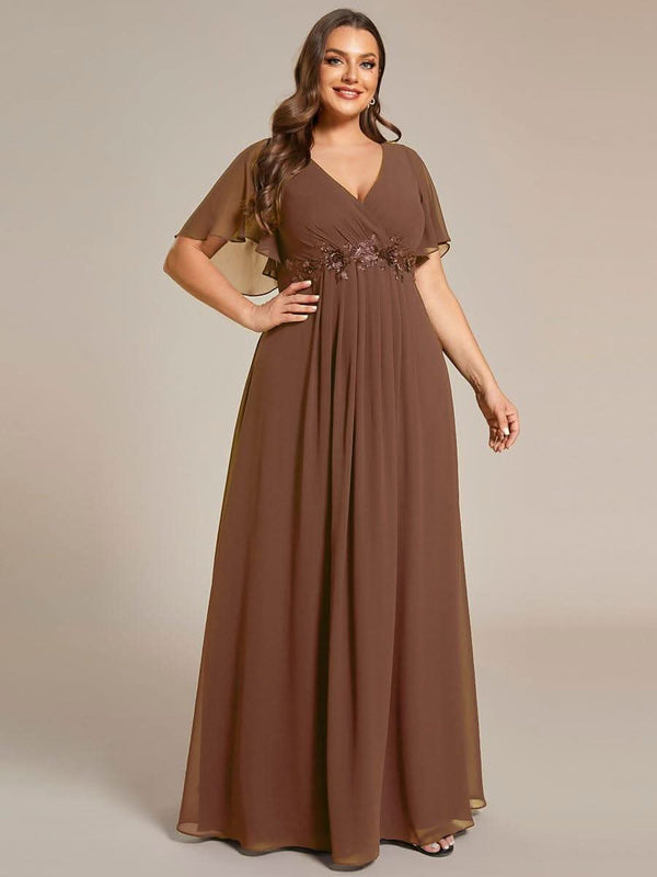 Ruffles Sleeve A-Line Chiffon Waist Applique Maxi Evening Dress #color_Dusty Blue ever IVYROSE|Ruffles Sleeve A-Line Chiffon Waist Applique Maxi Wedding Guest Dress
