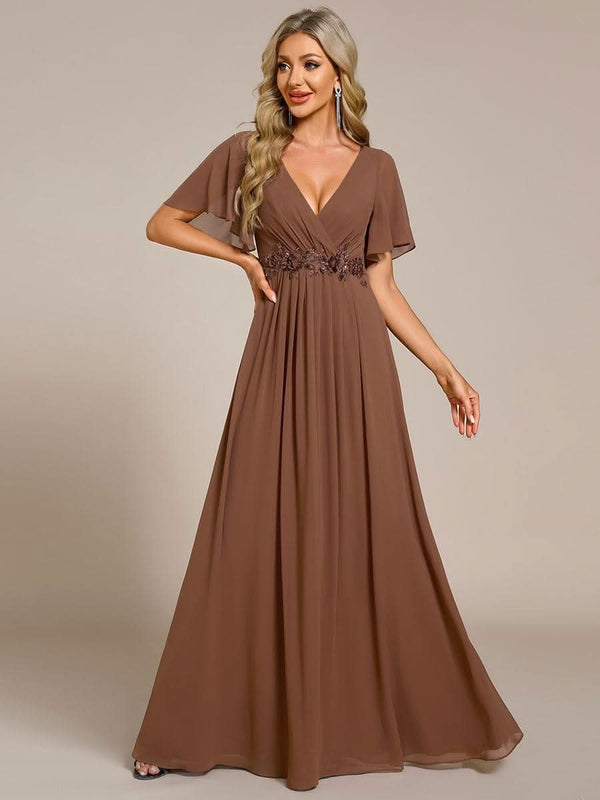 Ruffles Sleeve A-Line Chiffon Waist Applique Maxi Evening Dress #color_Dusty Blue ever IVYROSE|Ruffles Sleeve A-Line Chiffon Waist Applique Maxi Wedding Guest Dress
