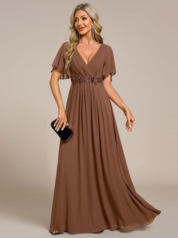 Ruffles Sleeve A-Line Chiffon Waist Applique Maxi Evening Dress #color_Dusty Blue ever IVYROSE|Ruffles Sleeve A-Line Chiffon Waist Applique Maxi Wedding Guest Dress