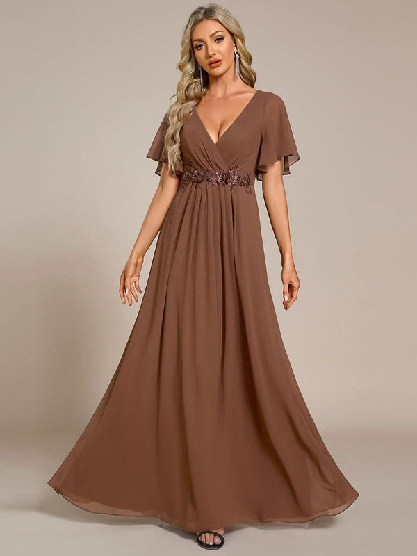 Ruffles Sleeve A-Line Chiffon Waist Applique Maxi Evening Dress #color_Dusty Blue ever IVYROSE|Ruffles Sleeve A-Line Chiffon Waist Applique Maxi Wedding Guest Dress