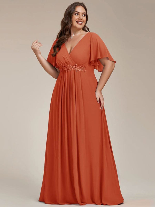 Ruffles Sleeve A-Line Chiffon Waist Applique Maxi Evening Dress #color_Dusty Blue ever IVYROSE|Ruffles Sleeve A-Line Chiffon Waist Applique Maxi Wedding Guest Dress