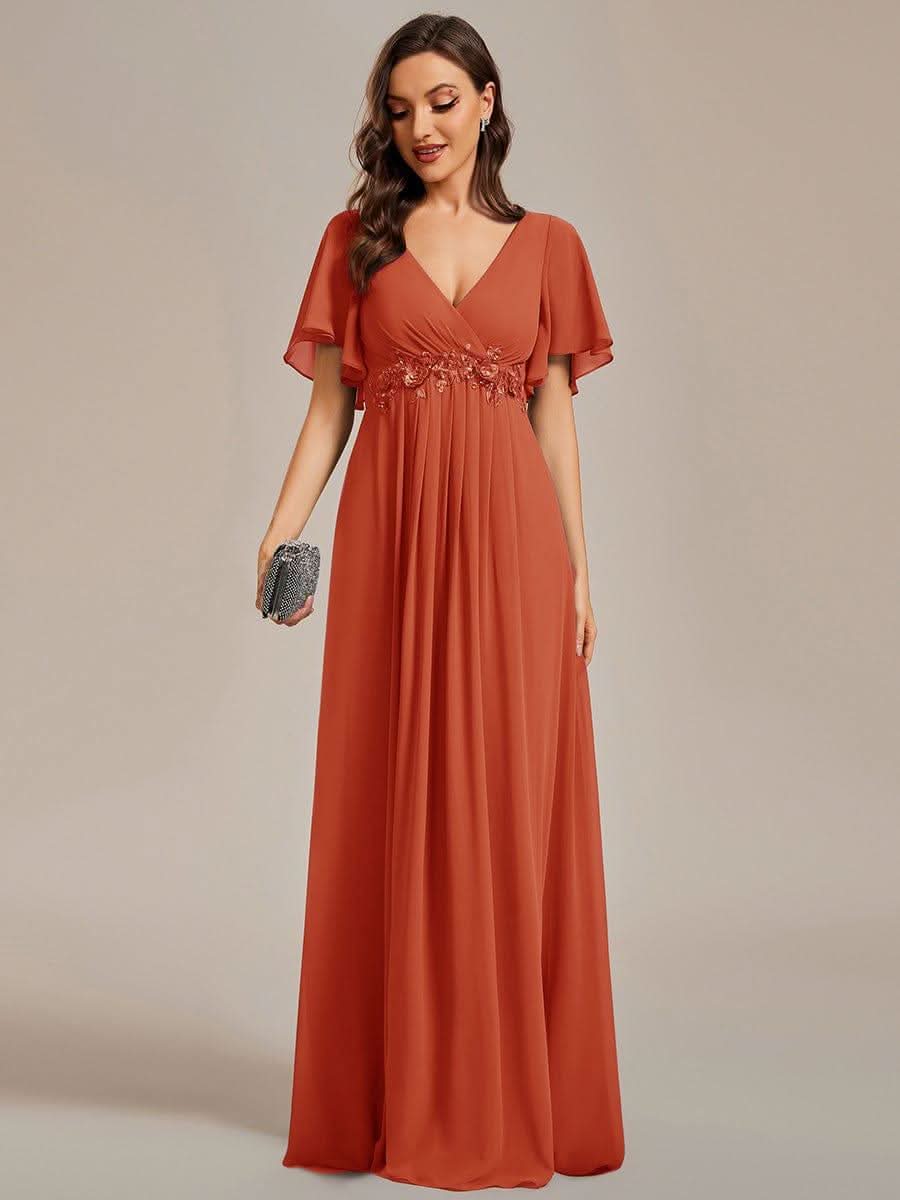 Ruffles Sleeve A-Line Chiffon Waist Applique Maxi Evening Dress #color_Burnt Orange