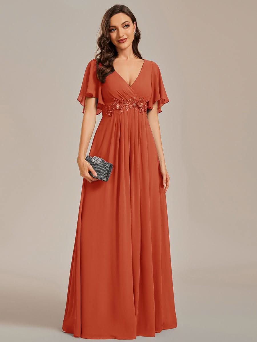 Ruffles Sleeve A-Line Chiffon Waist Applique Maxi Evening Dress #color_Burnt Orange
