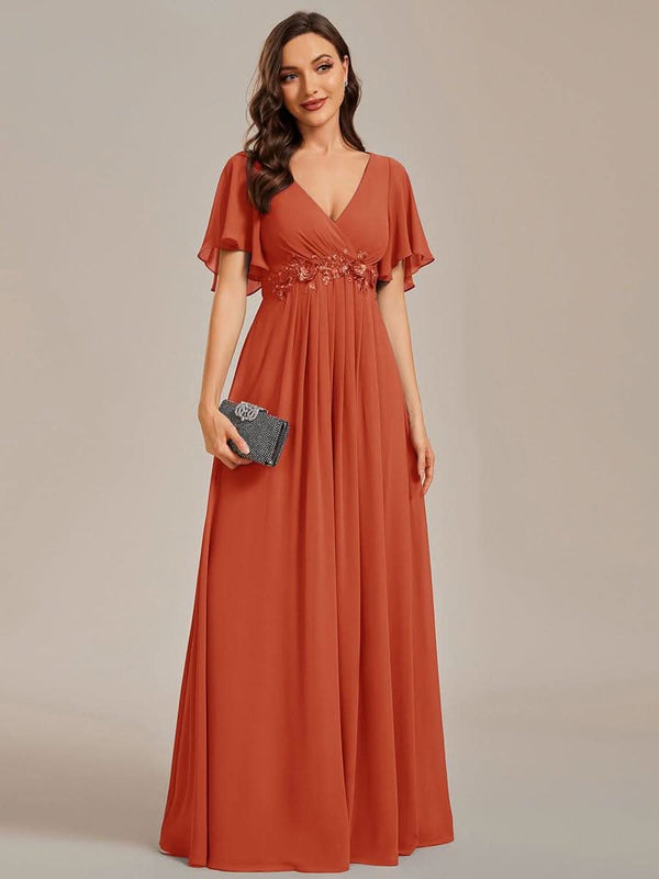 Ruffles Sleeve A-Line Chiffon Waist Applique Maxi Evening Dress #color_Dusty Blue ever IVYROSE|Ruffles Sleeve A-Line Chiffon Waist Applique Maxi Wedding Guest Dress