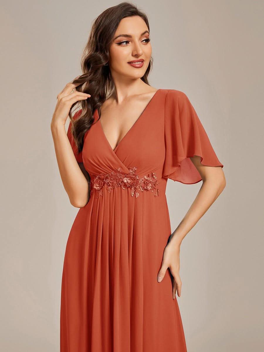 Ruffles Sleeve A-Line Chiffon Waist Applique Maxi Evening Dress #color_Burnt Orange