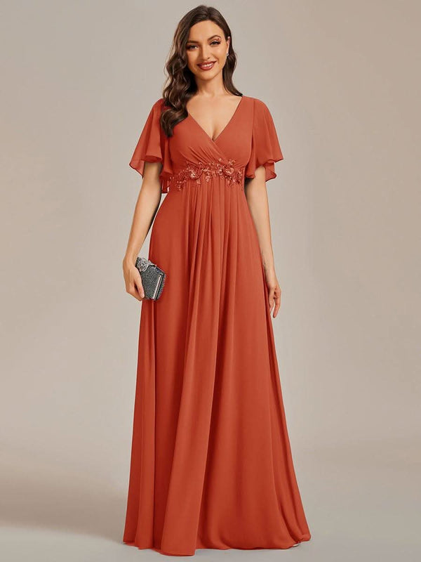 Ruffles Sleeve A-Line Chiffon Waist Applique Maxi Evening Dress #color_Dusty Blue ever IVYROSE|Ruffles Sleeve A-Line Chiffon Waist Applique Maxi Wedding Guest Dress