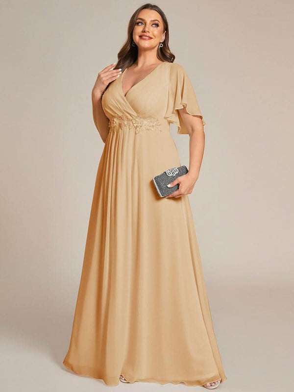Ruffles Sleeve A-Line Chiffon Waist Applique Maxi Evening Dress #color_Dusty Blue ever IVYROSE|Ruffles Sleeve A-Line Chiffon Waist Applique Maxi Wedding Guest Dress