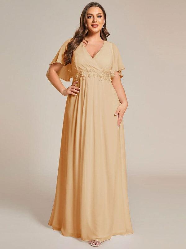 Ruffles Sleeve A-Line Chiffon Waist Applique Maxi Evening Dress #color_Dusty Blue ever IVYROSE|Ruffles Sleeve A-Line Chiffon Waist Applique Maxi Wedding Guest Dress