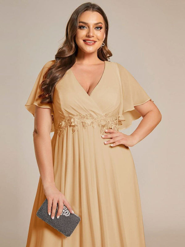 Ruffles Sleeve A-Line Chiffon Waist Applique Maxi Evening Dress #color_Dusty Blue ever IVYROSE|Ruffles Sleeve A-Line Chiffon Waist Applique Maxi Wedding Guest Dress