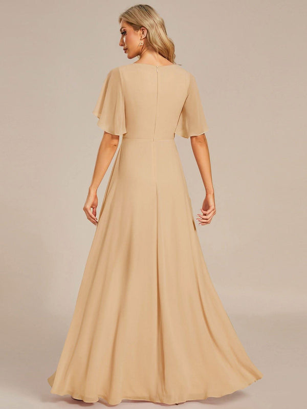 Ruffles Sleeve A-Line Chiffon Waist Applique Maxi Evening Dress #color_Dusty Blue ever IVYROSE|Ruffles Sleeve A-Line Chiffon Waist Applique Maxi Wedding Guest Dress