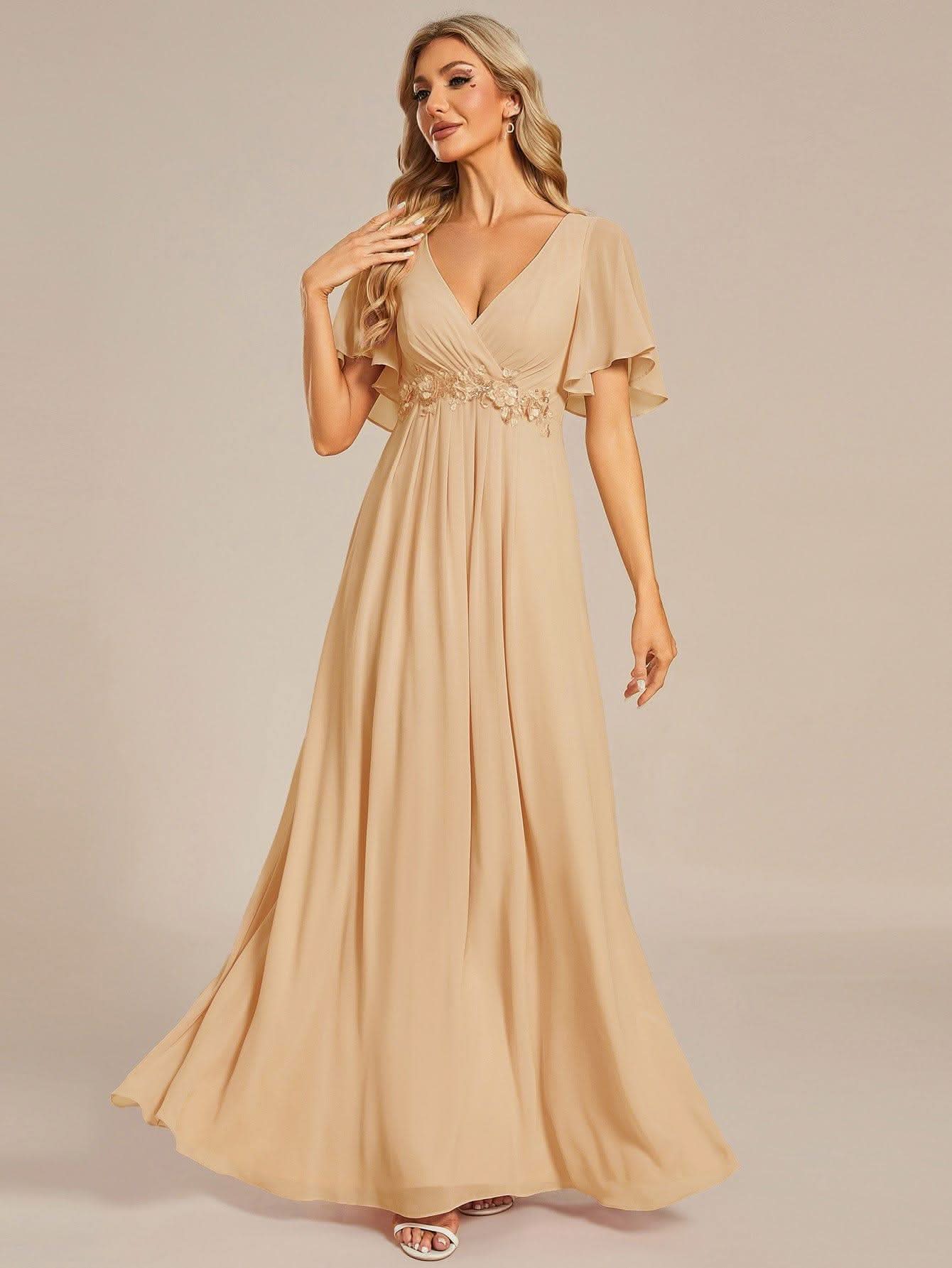 Ruffles Sleeve A-Line Chiffon Waist Applique Maxi Evening Dress #color_Champagne