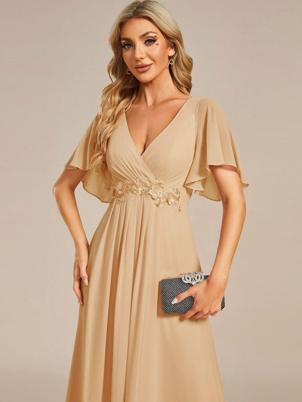 Ruffles Sleeve A-Line Chiffon Waist Applique Maxi Evening Dress #color_Dusty Blue ever IVYROSE|Ruffles Sleeve A-Line Chiffon Waist Applique Maxi Wedding Guest Dress