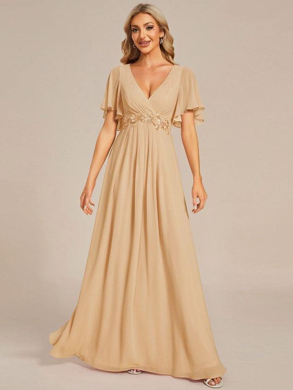 Ruffles Sleeve A-Line Chiffon Waist Applique Maxi Evening Dress #color_Dusty Blue ever IVYROSE|Ruffles Sleeve A-Line Chiffon Waist Applique Maxi Wedding Guest Dress