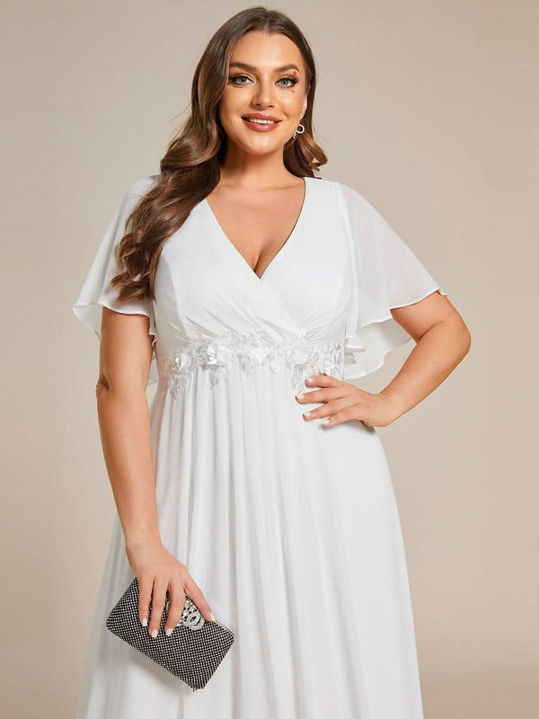 Ruffles Sleeve A-Line Chiffon Waist Applique Maxi Evening Dress #color_Dusty Blue ever IVYROSE|Ruffles Sleeve A-Line Chiffon Waist Applique Maxi Wedding Guest Dress