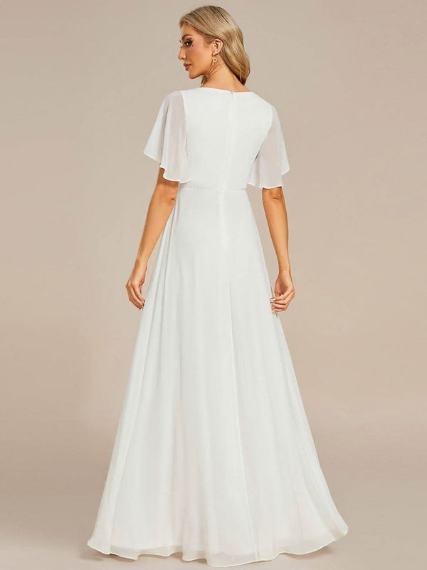 Ruffles Sleeve A-Line Chiffon Waist Applique Maxi Evening Dress #color_Dusty Blue ever IVYROSE|Ruffles Sleeve A-Line Chiffon Waist Applique Maxi Wedding Guest Dress