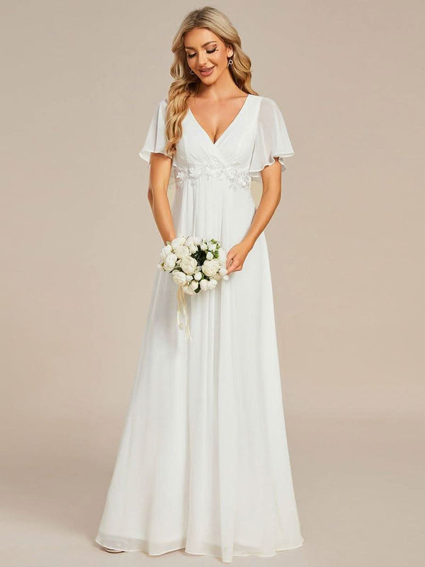 Ruffles Sleeve A-Line Chiffon Waist Applique Maxi Evening Dress #color_Dusty Blue ever IVYROSE|Ruffles Sleeve A-Line Chiffon Waist Applique Maxi Wedding Guest Dress