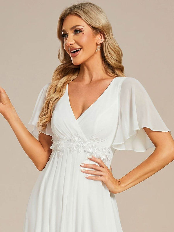 Ruffles Sleeve A-Line Chiffon Waist Applique Maxi Evening Dress #color_Dusty Blue ever IVYROSE|Ruffles Sleeve A-Line Chiffon Waist Applique Maxi Wedding Guest Dress