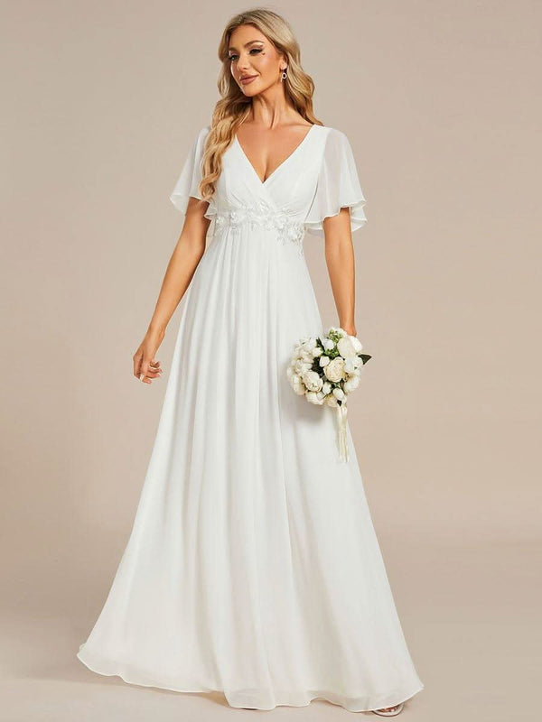 Ruffles Sleeve A-Line Chiffon Waist Applique Maxi Evening Dress #color_Dusty Blue ever IVYROSE|Ruffles Sleeve A-Line Chiffon Waist Applique Maxi Wedding Guest Dress