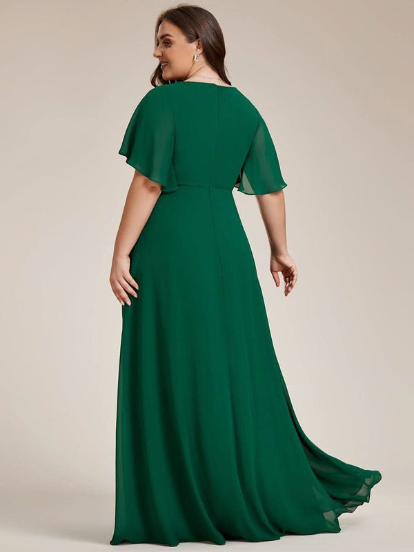 Ruffles Sleeve A-Line Chiffon Waist Applique Maxi Evening Dress #color_Dusty Blue ever IVYROSE|Ruffles Sleeve A-Line Chiffon Waist Applique Maxi Wedding Guest Dress