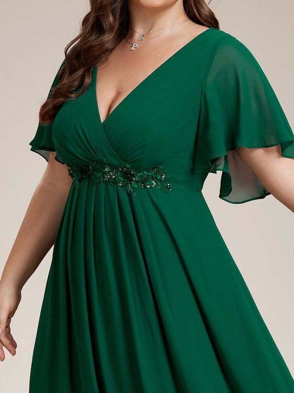 Ruffles Sleeve A-Line Chiffon Waist Applique Maxi Evening Dress #color_Dusty Blue ever IVYROSE|Ruffles Sleeve A-Line Chiffon Waist Applique Maxi Wedding Guest Dress