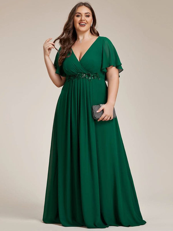 Ruffles Sleeve A-Line Chiffon Waist Applique Maxi Evening Dress #color_Dusty Blue ever IVYROSE|Ruffles Sleeve A-Line Chiffon Waist Applique Maxi Wedding Guest Dress