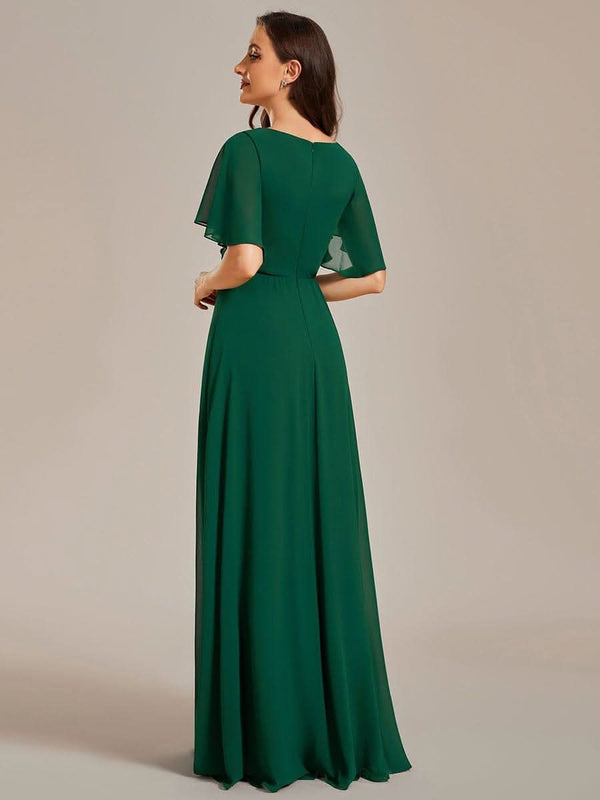 Ruffles Sleeve A-Line Chiffon Waist Applique Maxi Evening Dress #color_Dusty Blue ever IVYROSE|Ruffles Sleeve A-Line Chiffon Waist Applique Maxi Wedding Guest Dress