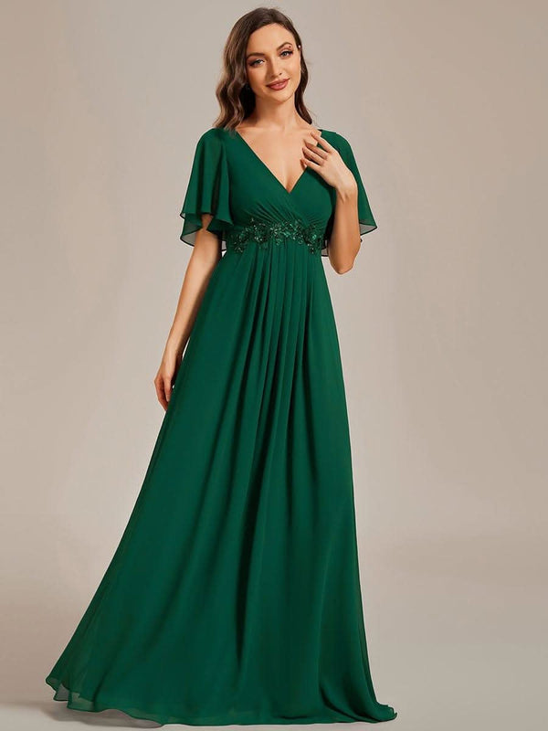 Ruffles Sleeve A-Line Chiffon Waist Applique Maxi Evening Dress #color_Dusty Blue ever IVYROSE|Ruffles Sleeve A-Line Chiffon Waist Applique Maxi Wedding Guest Dress