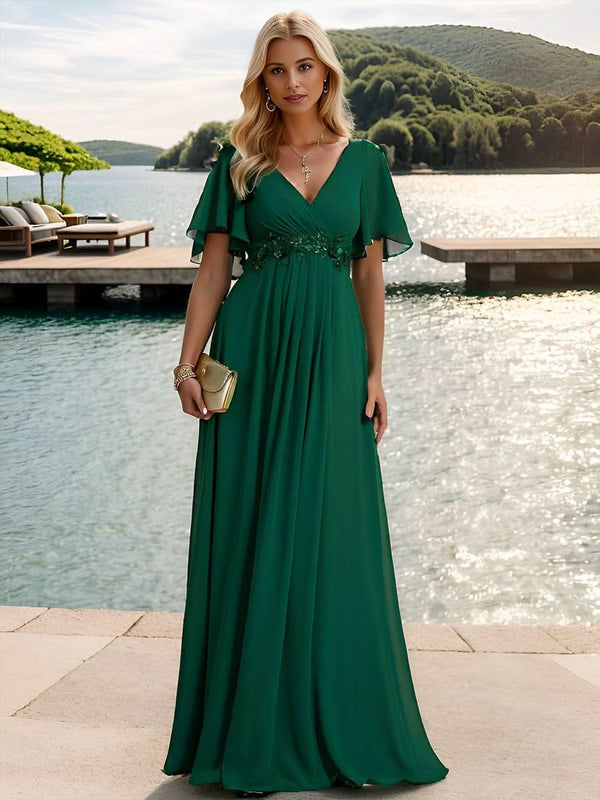 Ruffles Sleeve A-Line Chiffon Waist Applique Maxi Evening Dress #color_Dusty Blue ever IVYROSE|Ruffles Sleeve A-Line Chiffon Waist Applique Maxi Wedding Guest Dress