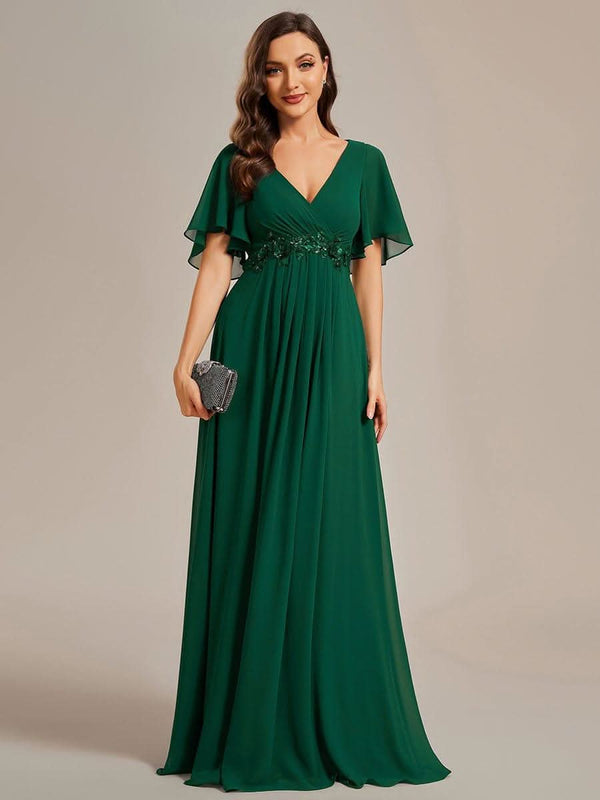 Ruffles Sleeve A-Line Chiffon Waist Applique Maxi Evening Dress #color_Dusty Blue ever IVYROSE|Ruffles Sleeve A-Line Chiffon Waist Applique Maxi Wedding Guest Dress