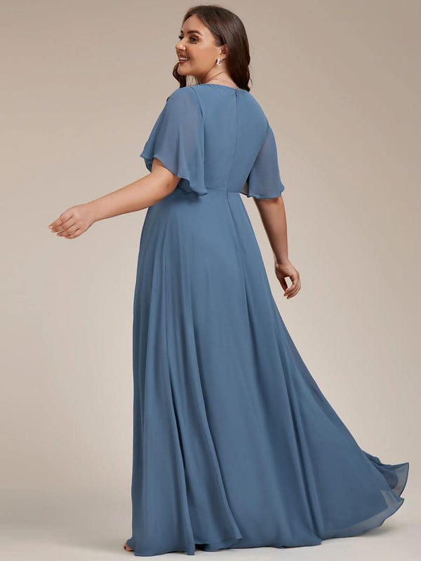 Ruffles Sleeve A-Line Chiffon Waist Applique Maxi Evening Dress #color_Dusty Blue ever IVYROSE|Ruffles Sleeve A-Line Chiffon Waist Applique Maxi Wedding Guest Dress