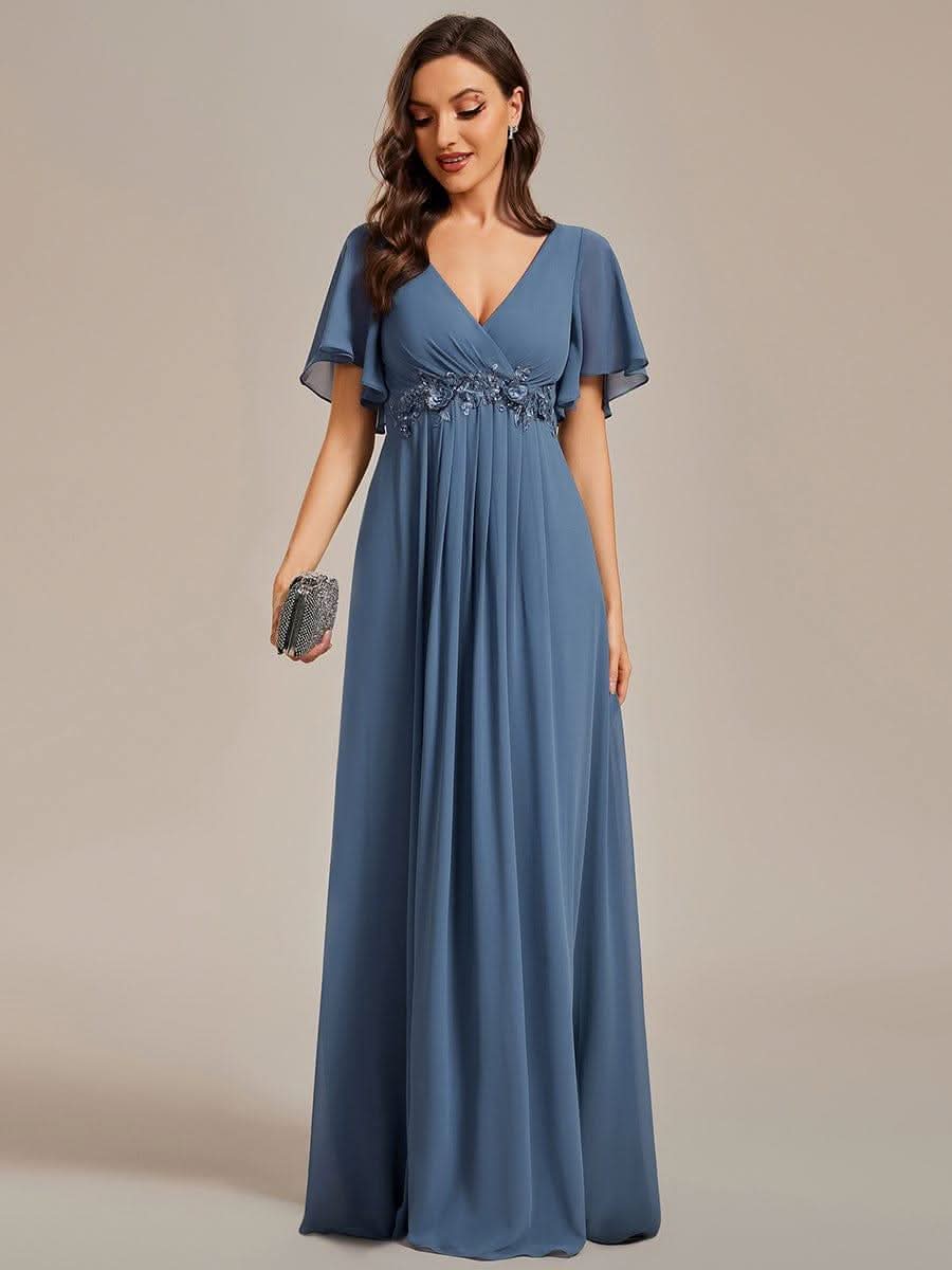 Ruffles Sleeve A-Line Chiffon Waist Applique Maxi Evening Dress #color_Dusty Blue