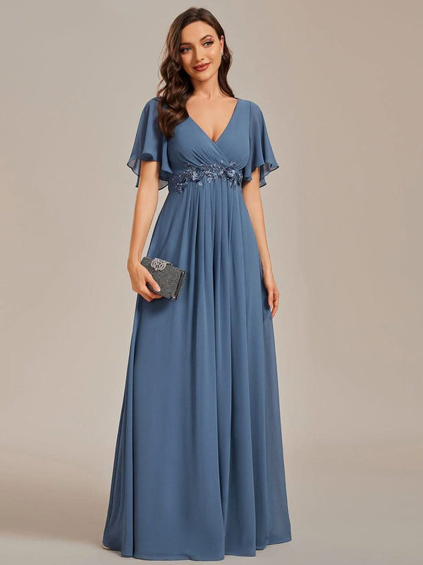 Ruffles Sleeve A-Line Chiffon Waist Applique Maxi Evening Dress #color_Dusty Blue ever IVYROSE|Ruffles Sleeve A-Line Chiffon Waist Applique Maxi Wedding Guest Dress