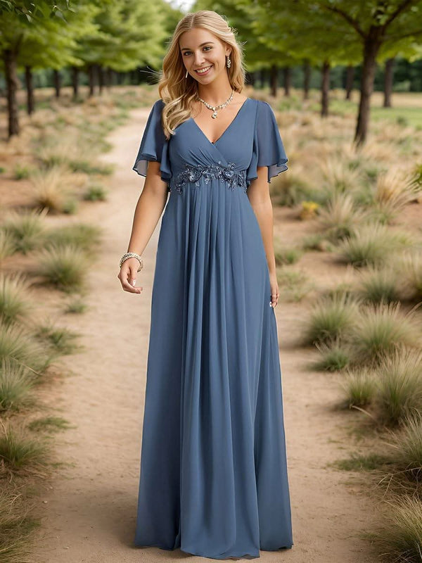 Ruffles Sleeve A-Line Chiffon Waist Applique Maxi Evening Dress #color_Dusty Blue ever IVYROSE|Ruffles Sleeve A-Line Chiffon Waist Applique Maxi Wedding Guest Dress