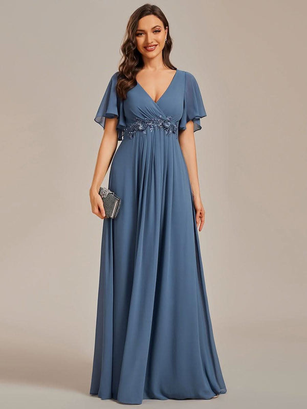 Ruffles Sleeve A-Line Chiffon Waist Applique Maxi Evening Dress #color_Dusty Blue ever IVYROSE|Ruffles Sleeve A-Line Chiffon Waist Applique Maxi Wedding Guest Dress
