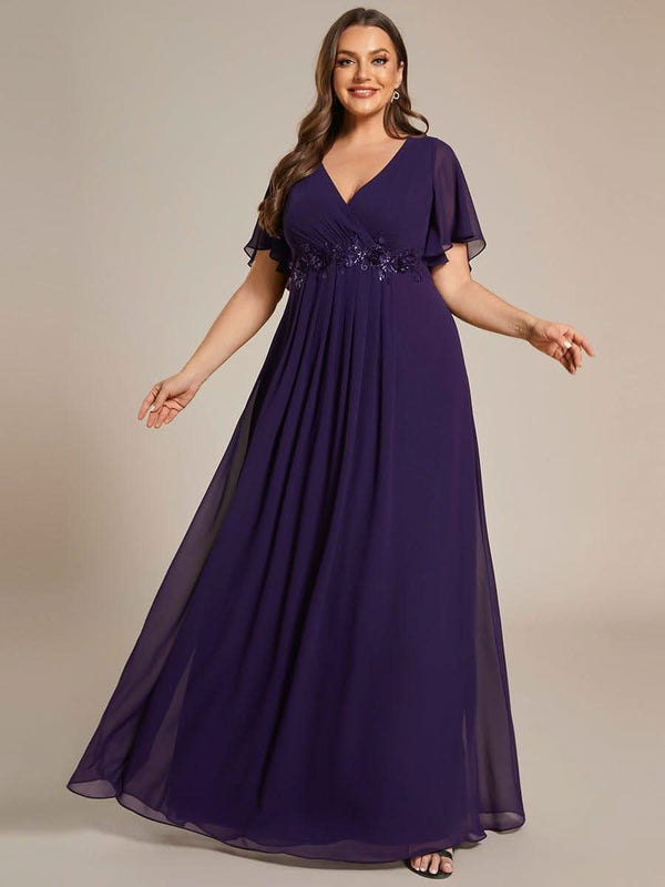 Ruffles Sleeve A-Line Chiffon Waist Applique Maxi Evening Dress #color_Dusty Blue ever IVYROSE|Ruffles Sleeve A-Line Chiffon Waist Applique Maxi Wedding Guest Dress