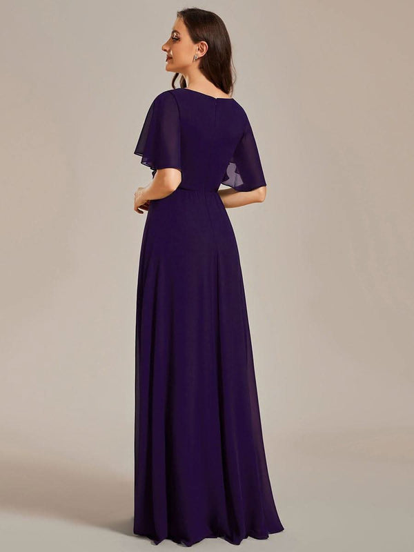 Ruffles Sleeve A-Line Chiffon Waist Applique Maxi Evening Dress #color_Dusty Blue ever IVYROSE|Ruffles Sleeve A-Line Chiffon Waist Applique Maxi Wedding Guest Dress