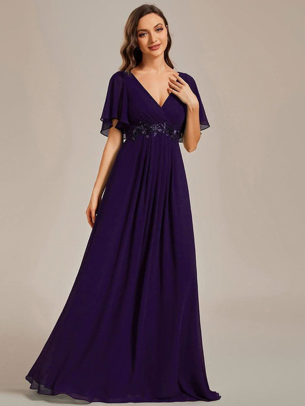 Ruffles Sleeve A-Line Chiffon Waist Applique Maxi Evening Dress #color_Dusty Blue ever IVYROSE|Ruffles Sleeve A-Line Chiffon Waist Applique Maxi Wedding Guest Dress