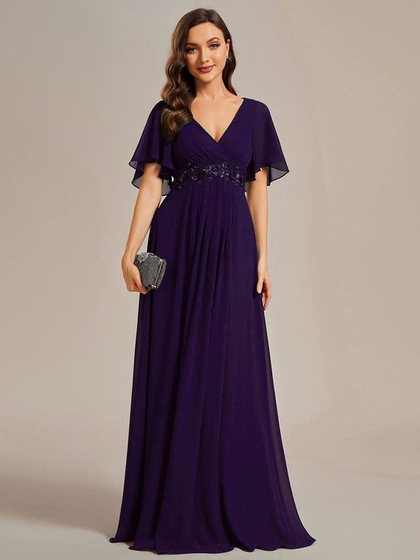 Ruffles Sleeve A-Line Chiffon Waist Applique Maxi Evening Dress #color_Dusty Blue ever IVYROSE|Ruffles Sleeve A-Line Chiffon Waist Applique Maxi Wedding Guest Dress
