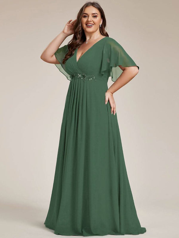 Ruffles Sleeve A-Line Chiffon Waist Applique Maxi Evening Dress #color_Dusty Blue ever IVYROSE|Ruffles Sleeve A-Line Chiffon Waist Applique Maxi Wedding Guest Dress