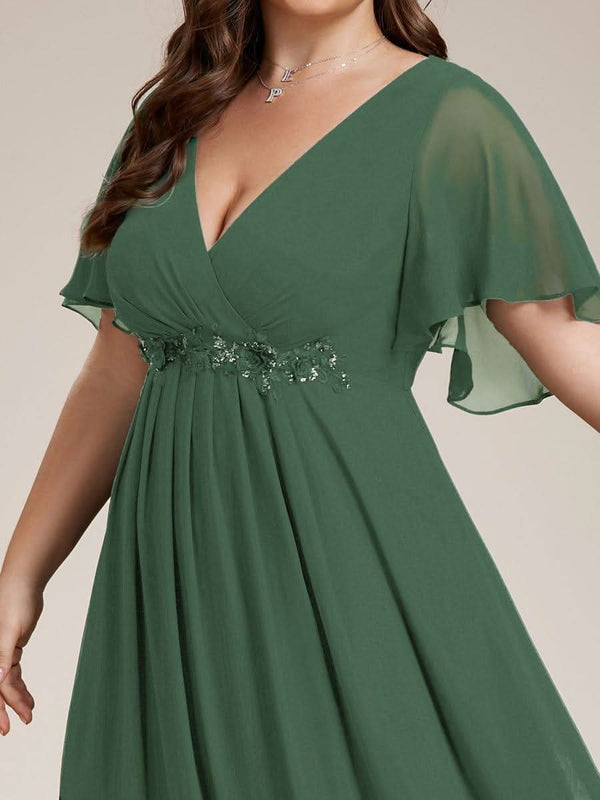 Ruffles Sleeve A-Line Chiffon Waist Applique Maxi Evening Dress #color_Dusty Blue ever IVYROSE|Ruffles Sleeve A-Line Chiffon Waist Applique Maxi Wedding Guest Dress