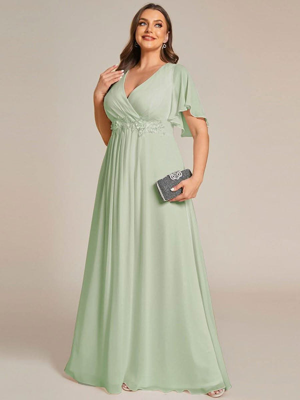 Ruffles Sleeve A-Line Chiffon Waist Applique Maxi Evening Dress #color_Dusty Blue ever IVYROSE|Ruffles Sleeve A-Line Chiffon Waist Applique Maxi Wedding Guest Dress