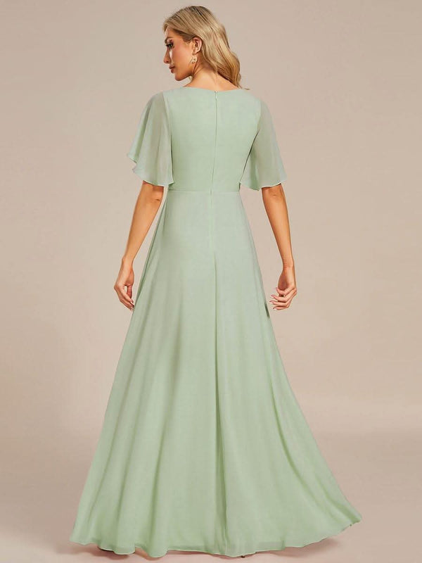 Ruffles Sleeve A-Line Chiffon Waist Applique Maxi Evening Dress #color_Dusty Blue ever IVYROSE|Ruffles Sleeve A-Line Chiffon Waist Applique Maxi Wedding Guest Dress