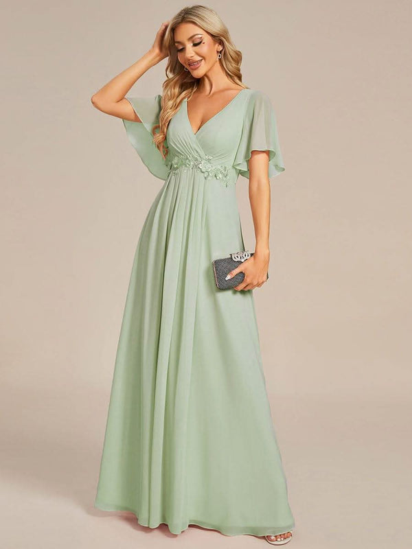 Ruffles Sleeve A-Line Chiffon Waist Applique Maxi Evening Dress #color_Dusty Blue ever IVYROSE|Ruffles Sleeve A-Line Chiffon Waist Applique Maxi Wedding Guest Dress