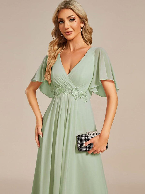 Ruffles Sleeve A-Line Chiffon Waist Applique Maxi Evening Dress #color_Dusty Blue ever IVYROSE|Ruffles Sleeve A-Line Chiffon Waist Applique Maxi Wedding Guest Dress