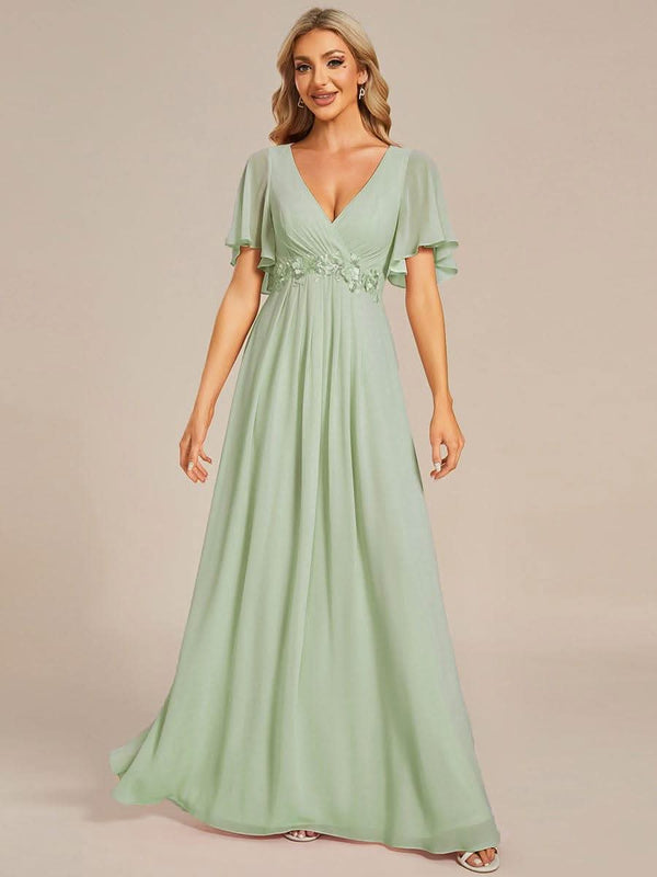 Ruffles Sleeve A-Line Chiffon Waist Applique Maxi Evening Dress #color_Dusty Blue ever IVYROSE|Ruffles Sleeve A-Line Chiffon Waist Applique Maxi Wedding Guest Dress