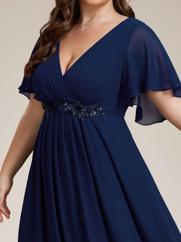 Ruffles Sleeve A-Line Chiffon Waist Applique Maxi Evening Dress #color_Dusty Blue ever IVYROSE|Ruffles Sleeve A-Line Chiffon Waist Applique Maxi Wedding Guest Dress