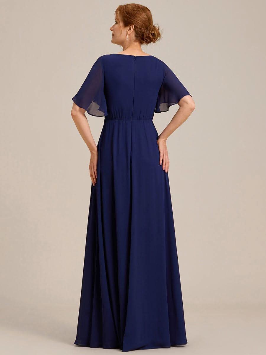 Ruffles Sleeve A-Line Chiffon Waist Applique Maxi Evening Dress #color_Navy Blue