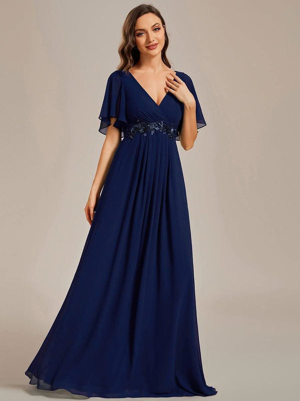 Ruffles Sleeve A-Line Chiffon Waist Applique Maxi Evening Dress #color_Dusty Blue ever IVYROSE|Ruffles Sleeve A-Line Chiffon Waist Applique Maxi Wedding Guest Dress