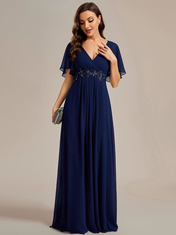 Ruffles Sleeve A-Line Chiffon Waist Applique Maxi Evening Dress #color_Dusty Blue ever IVYROSE|Ruffles Sleeve A-Line Chiffon Waist Applique Maxi Wedding Guest Dress