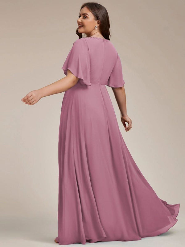Ruffles Sleeve A-Line Chiffon Waist Applique Maxi Evening Dress #color_Dusty Blue ever IVYROSE|Ruffles Sleeve A-Line Chiffon Waist Applique Maxi Wedding Guest Dress